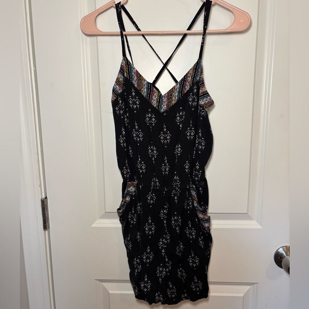 Black Patterned Boho Women's Romper